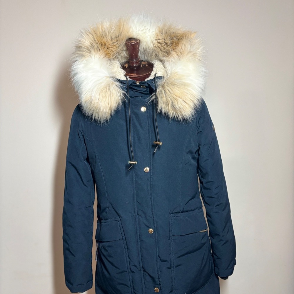SAM EDELMAN Polyester Down Parka Coat Navy Blue Solid Faux Fur Hood US Size M‎